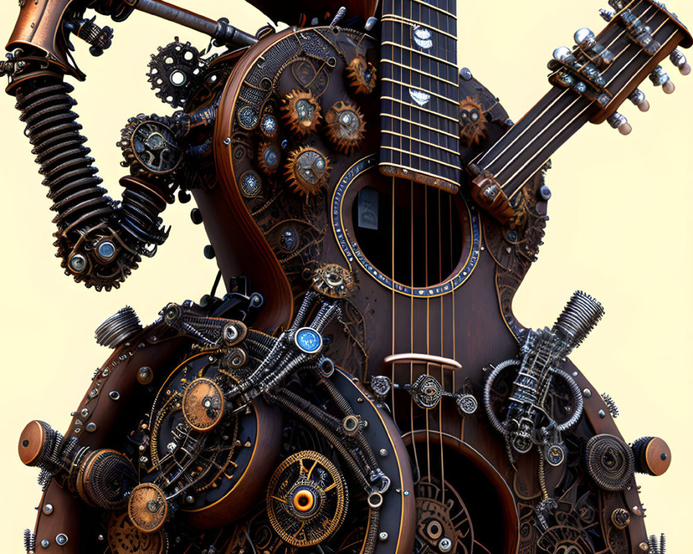 Detailed Steampunk-Inspired Guitar Design with Mechanical Gears