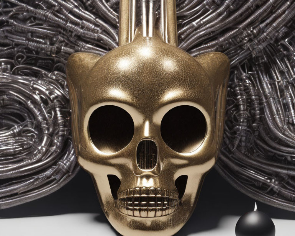 Bronze skull mask with coiled springs and black sphere on reflective surface