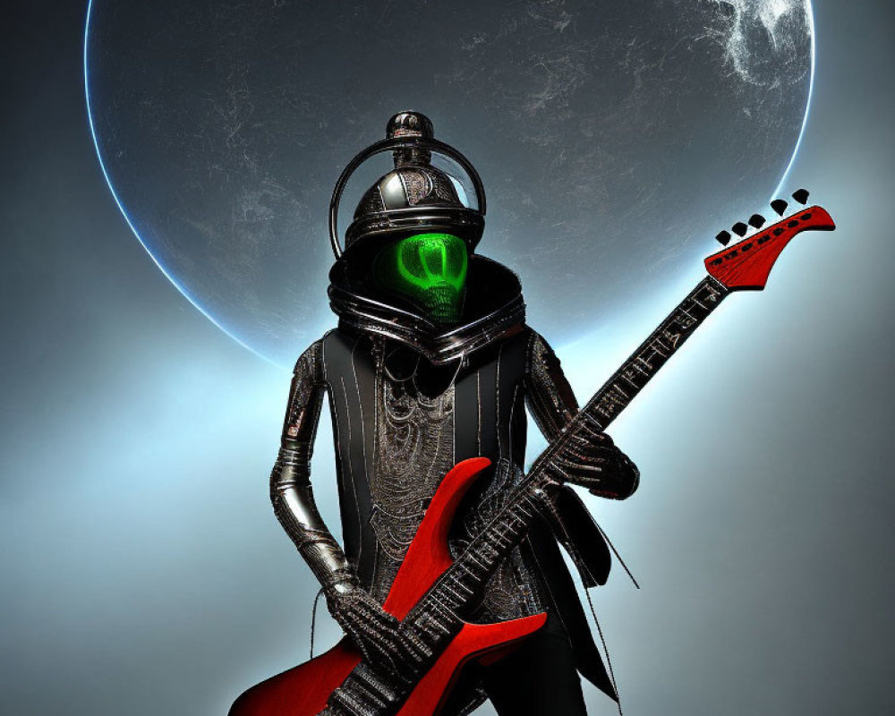 Astronaut in black space gear plays red electric guitar with green visor, eclipsed moon backdrop