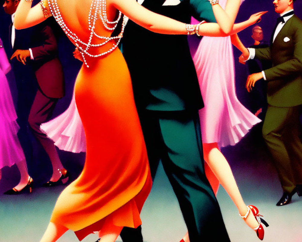 Illustration of elegantly dressed couples dancing in a ballroom