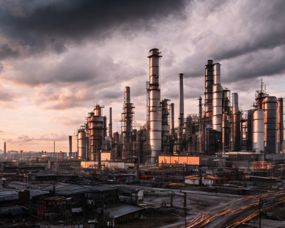 Industrial complex with towering smokestacks under dramatic sky and railroad tracks at dusk