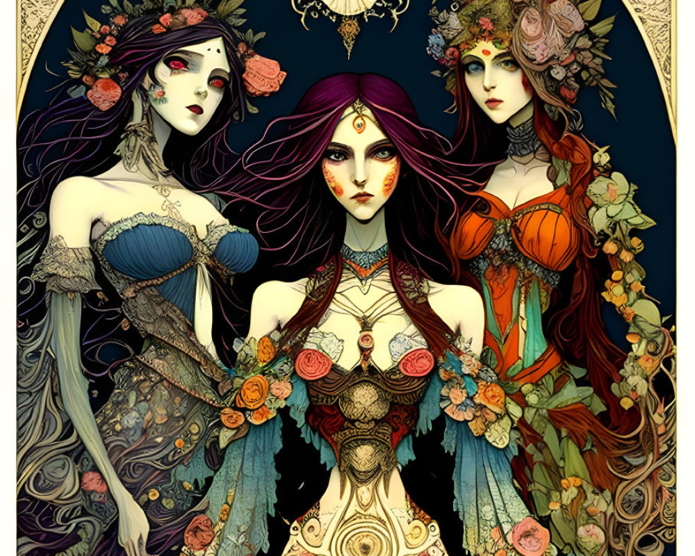 Three stylized women with floral designs and elegant dresses in front of ornate backdrop.