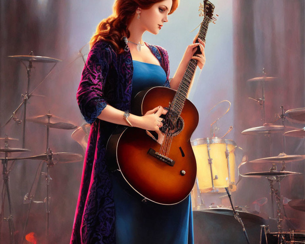 Woman in Blue Dress Playing Guitar Near Drums with Fire Background