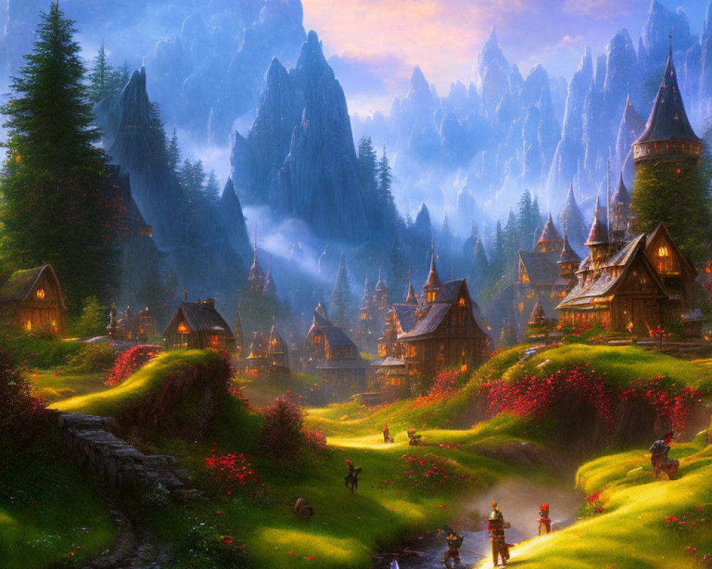 Scenic fantasy village with thatched cottages, winding river, and mountains.