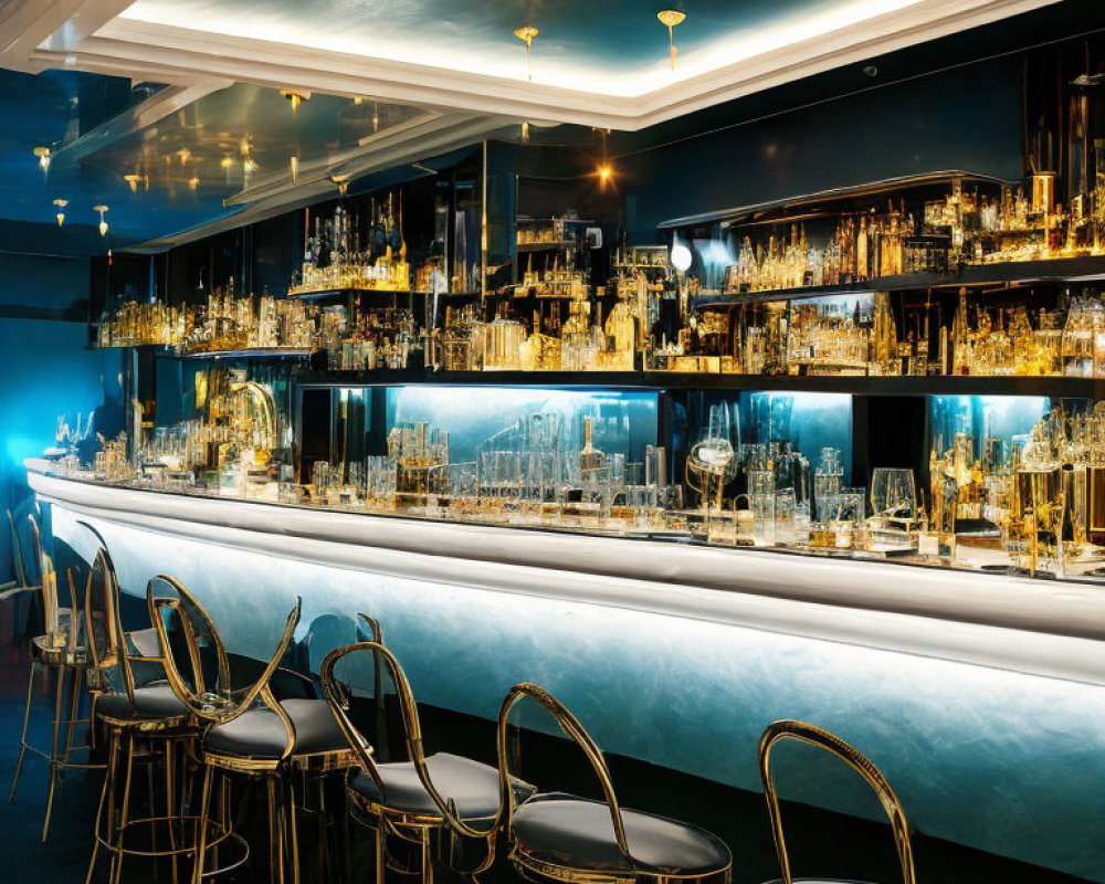 Sleek Bar Interior with Blue Lighting and Mirror Accents