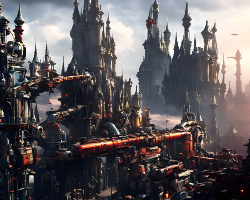 Futuristic cityscape with towering spires and flying red train in dramatic lighting