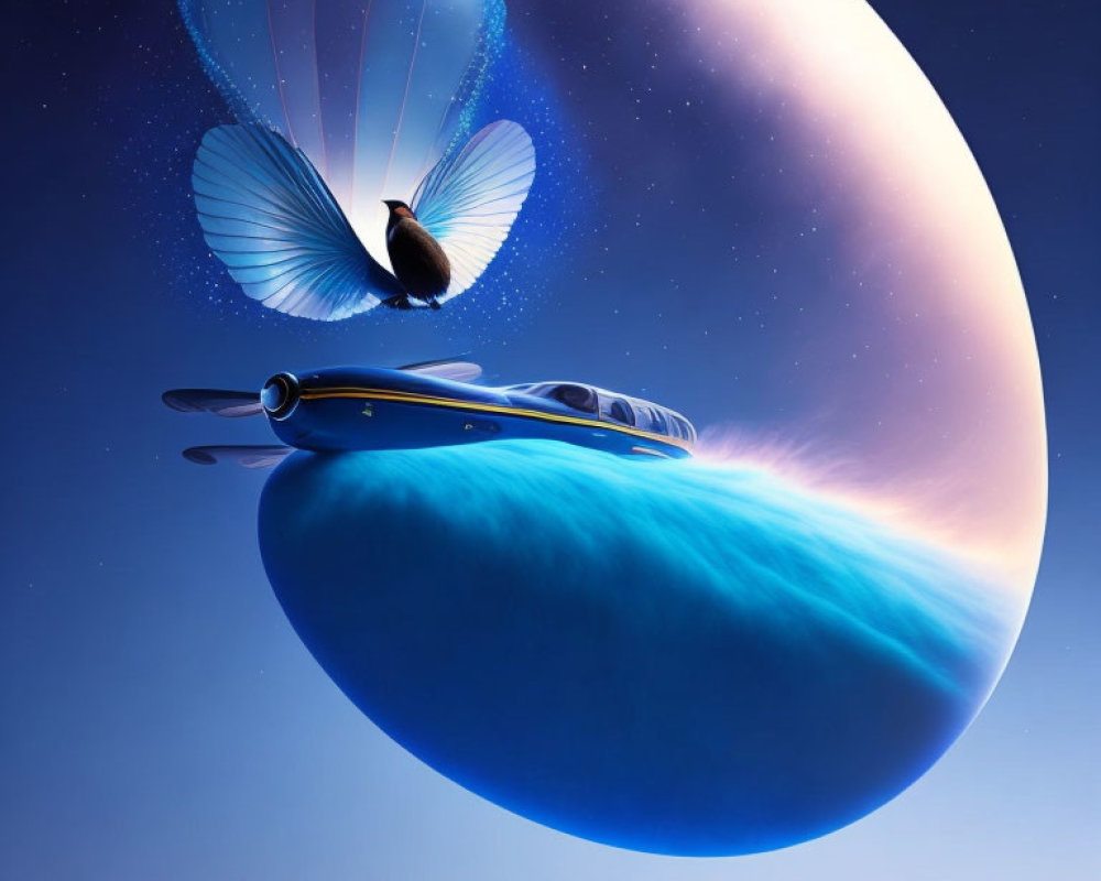 Surreal butterfly with seashell wings and cruiseliner ship on planet-like object