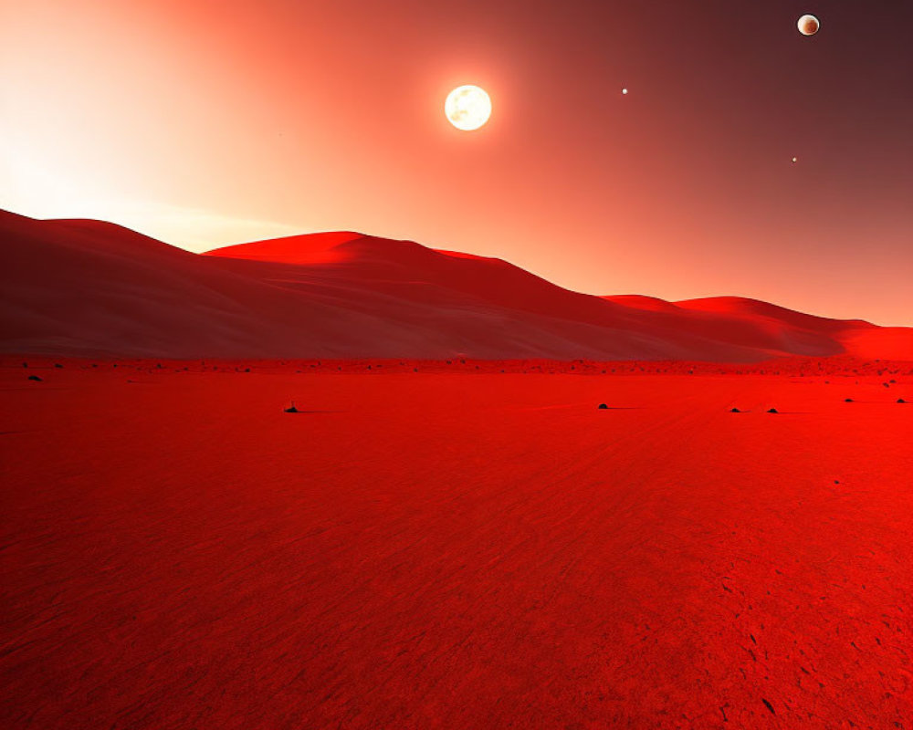 Vibrant red surreal landscape with sun and celestial bodies