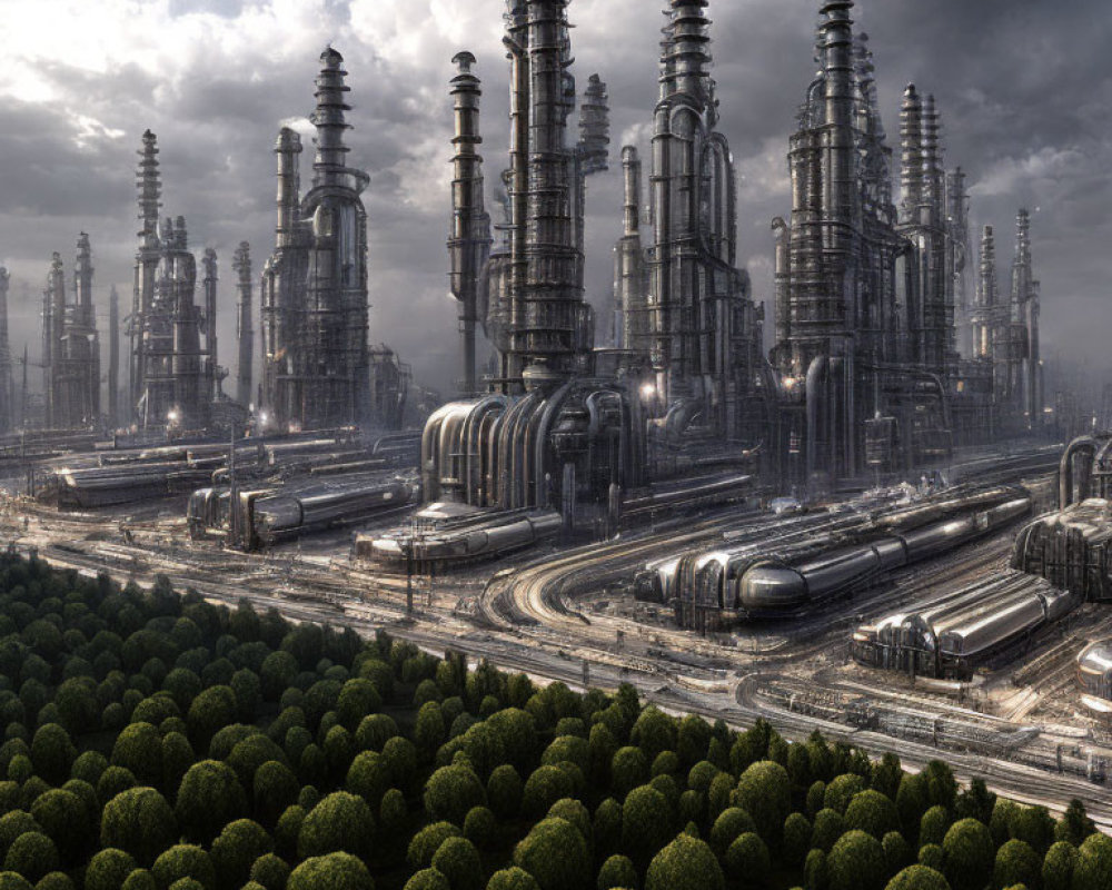 Industrial complex with towering chimneys in forest under cloudy sky