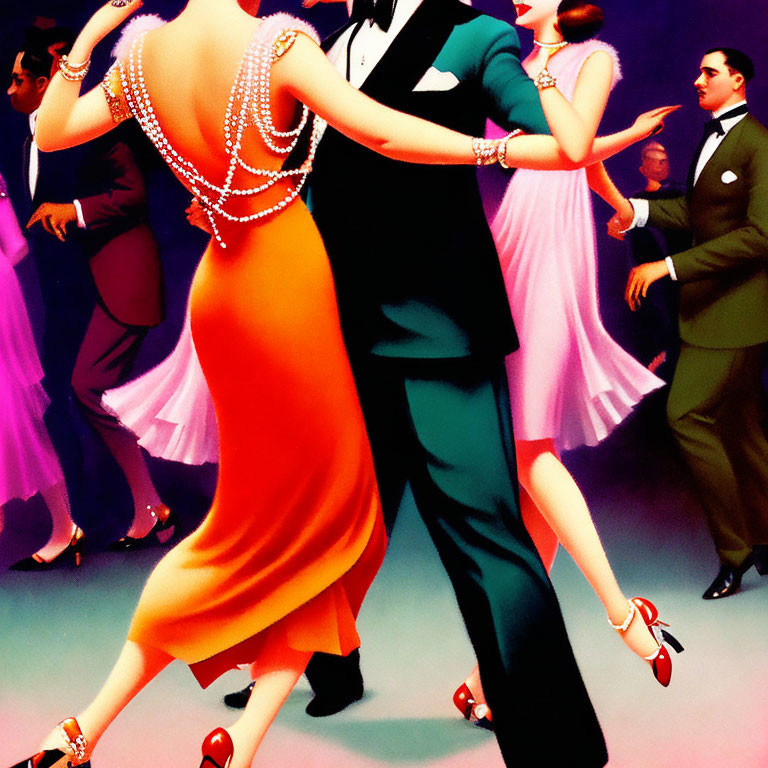 Illustration of elegantly dressed couples dancing in a ballroom