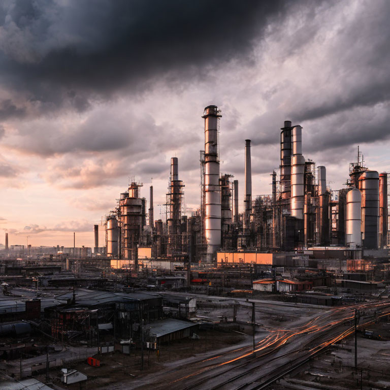 Industrial complex with towering smokestacks under dramatic sky and railroad tracks at dusk