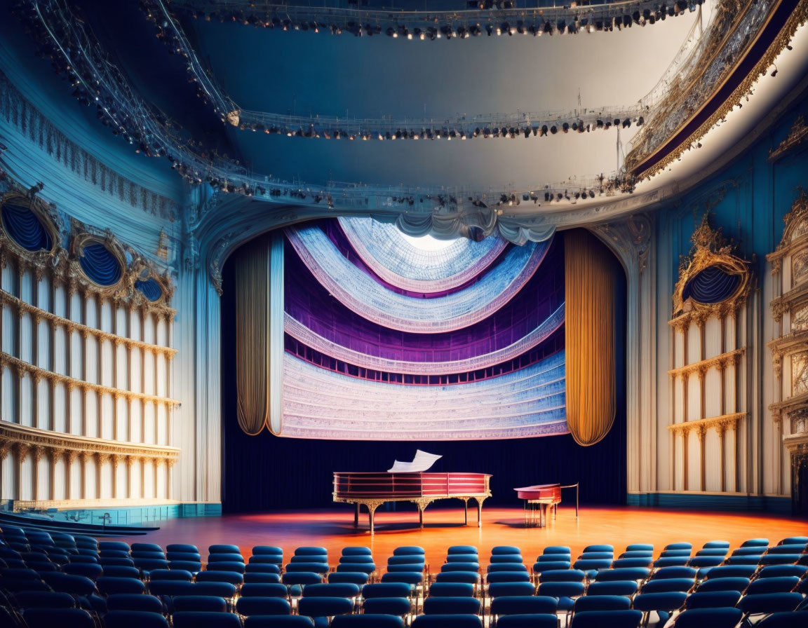 Luxurious Theater Interior with Blue Velvet Seats and Grand Piano