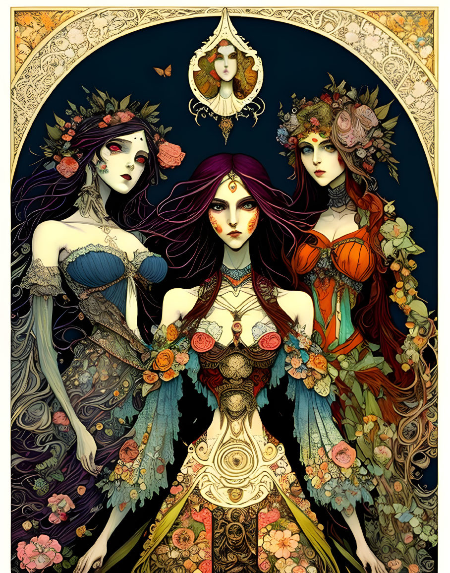 Three stylized women with floral designs and elegant dresses in front of ornate backdrop.