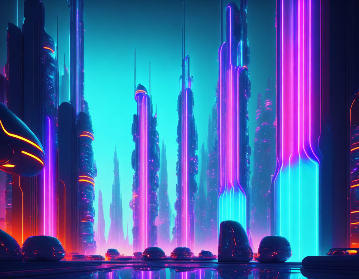 Neon-lit cyberpunk cityscape with towering skyscrapers