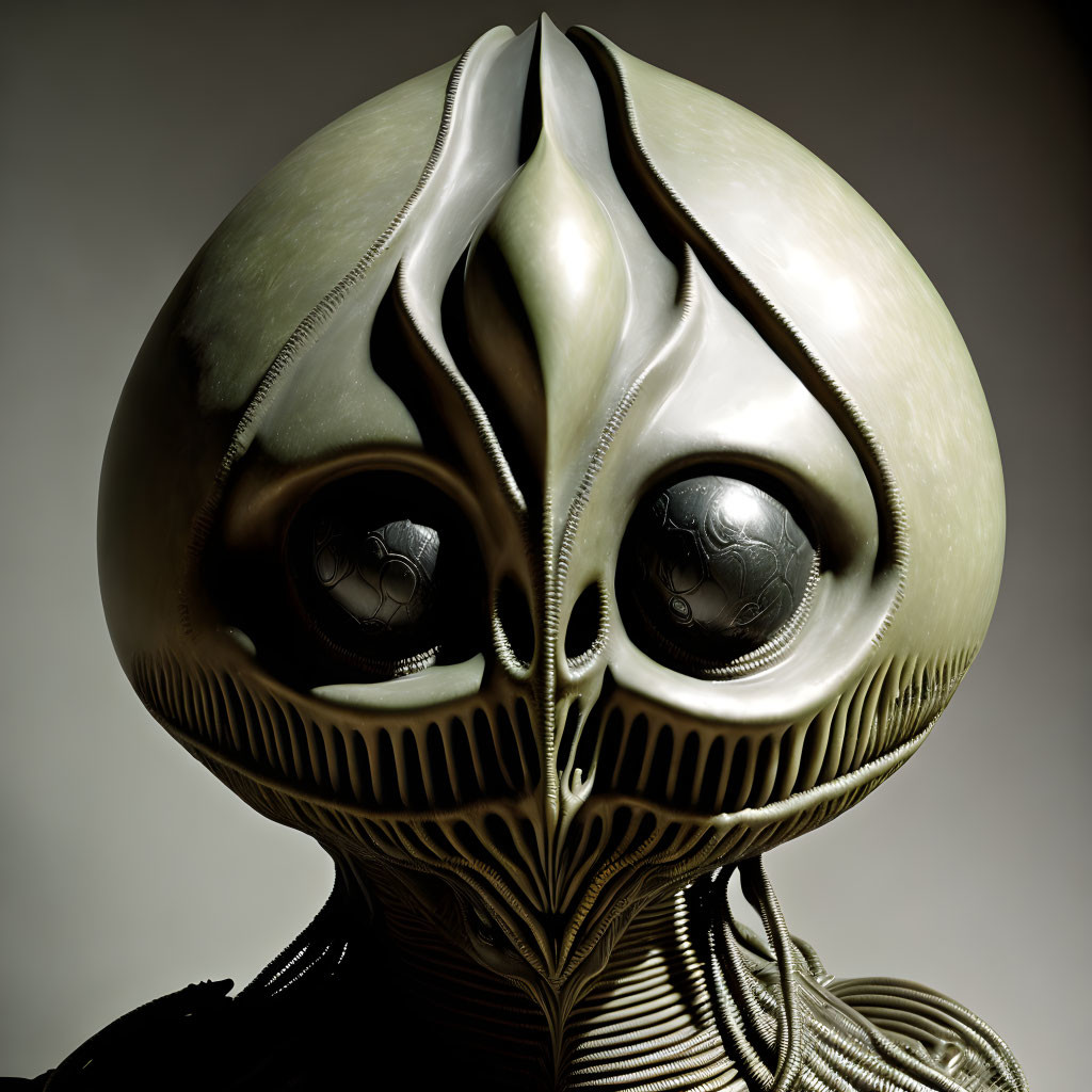 Detailed Close-Up of Alien Figure with Large Black Eyes and Zipper-Like Facial Designs