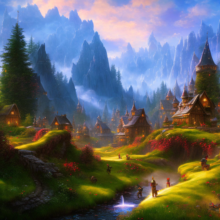 Scenic fantasy village with thatched cottages, winding river, and mountains.