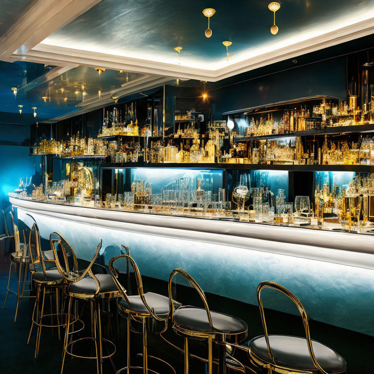 Sleek Bar Interior with Blue Lighting and Mirror Accents