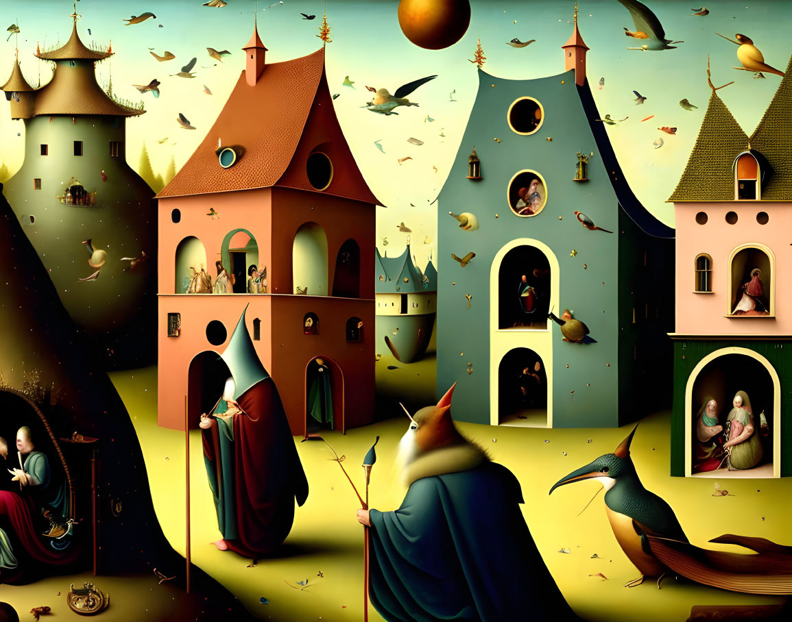 Surreal painting of figures in robes, whimsical houses, oversized birds