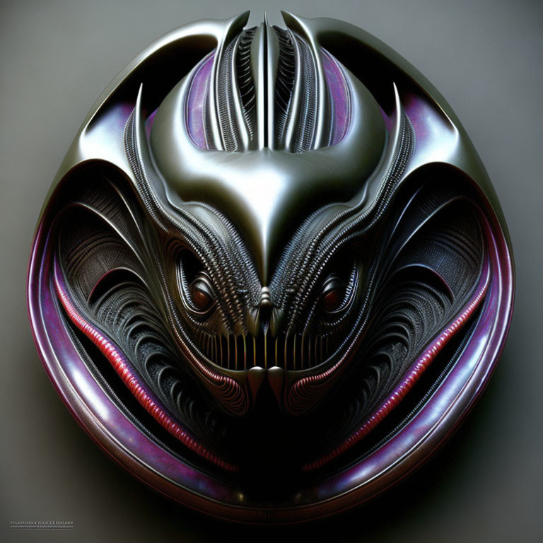 Symmetrical Alien-Like Metallic Sculpture in Purple and Black Tones