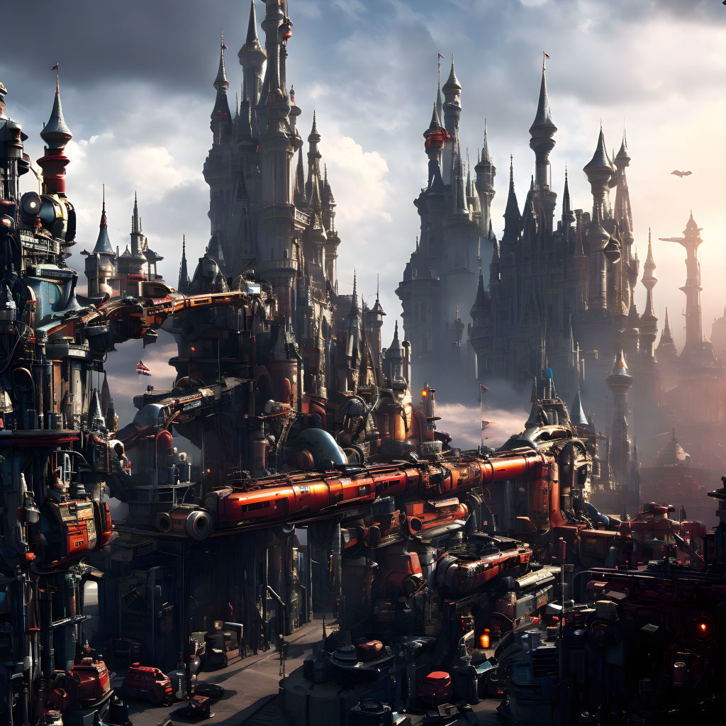 Futuristic cityscape with towering spires and flying red train in dramatic lighting