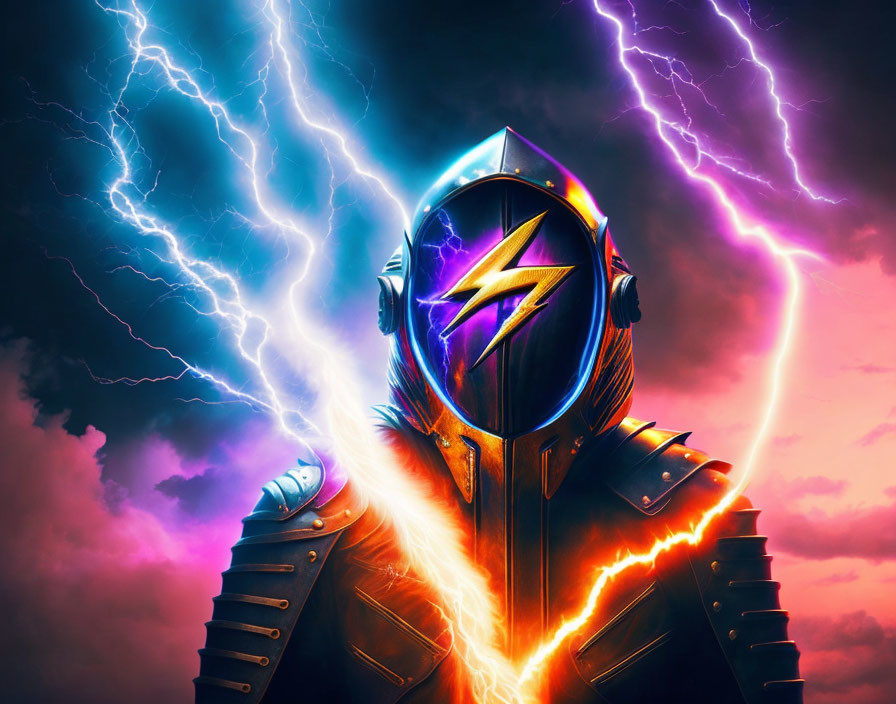 Futuristic armored figure with glowing lightning bolt in dramatic sky