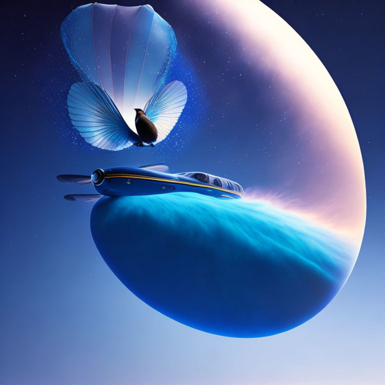 Surreal butterfly with seashell wings and cruiseliner ship on planet-like object