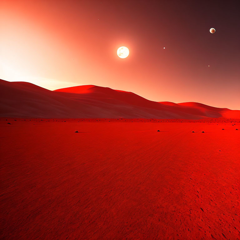 Vibrant red surreal landscape with sun and celestial bodies