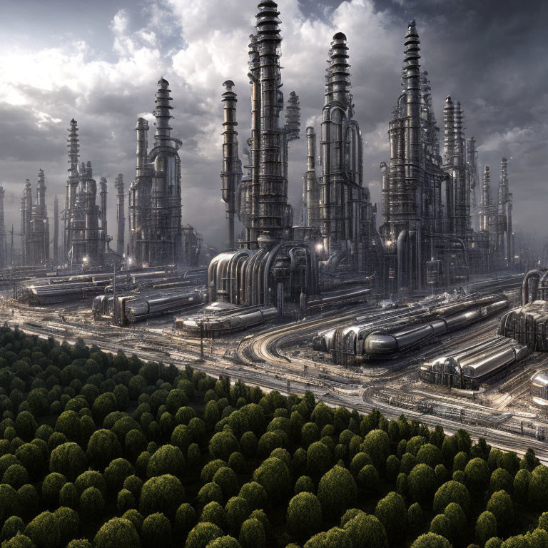 Industrial complex with towering chimneys in forest under cloudy sky