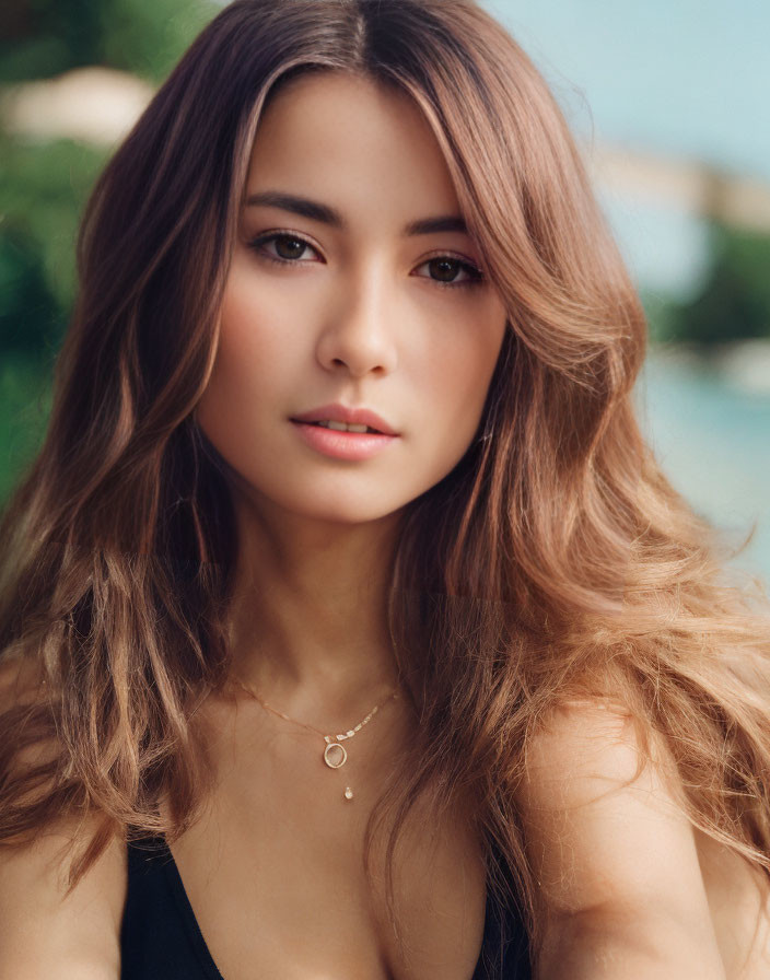 Portrait of Woman with Flowing Brown Hair and Subtle Necklace in Natural Setting