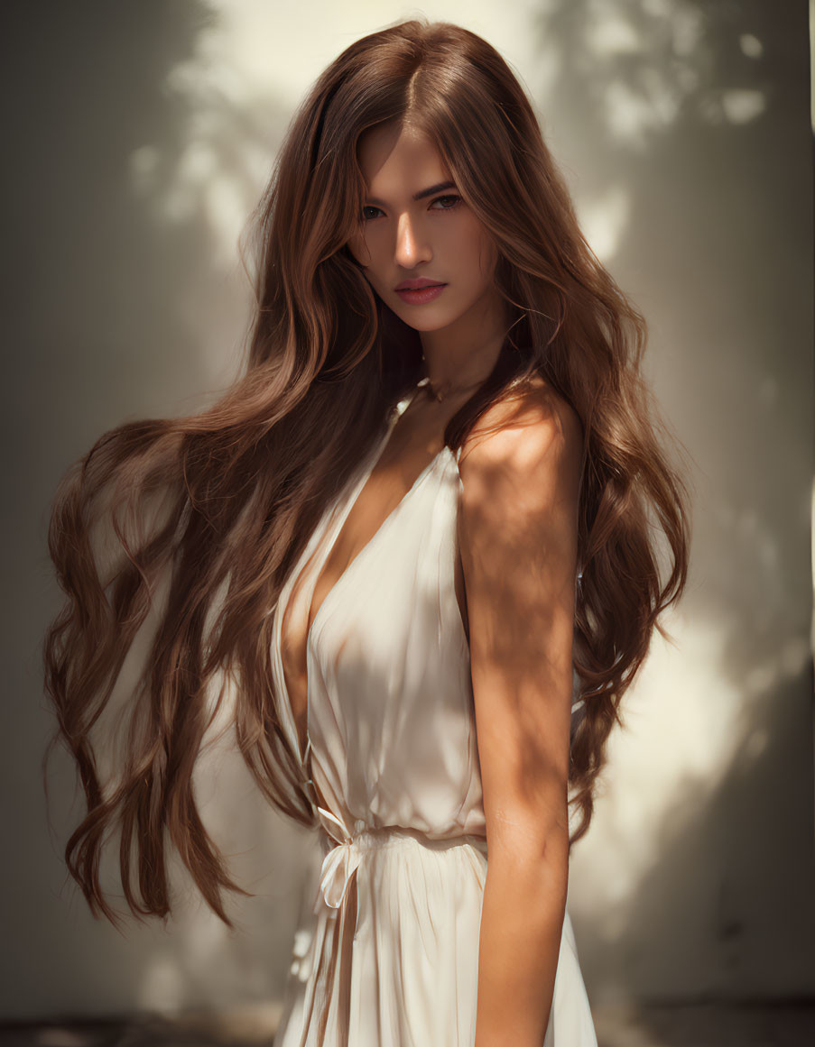 Woman with long brown hair in white dress under dappled sunlight