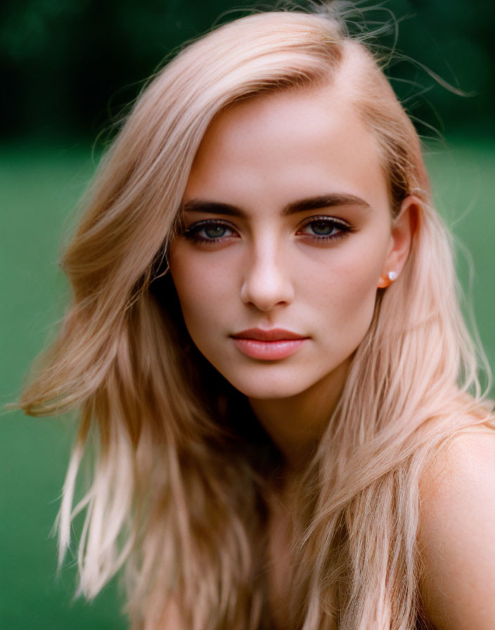 Blond Woman Portrait with Striking Eyes on Green Background