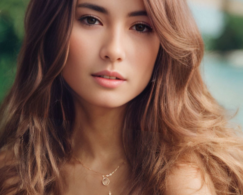 Portrait of Woman with Flowing Brown Hair and Subtle Necklace in Natural Setting