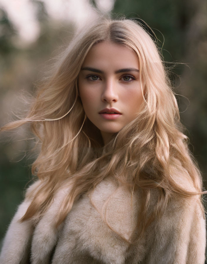 Blonde woman in fur coat with striking eyes and blurred background