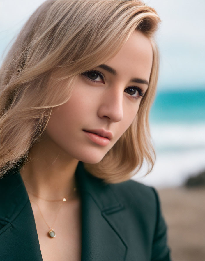 Blonde woman in green blazer at serene beach