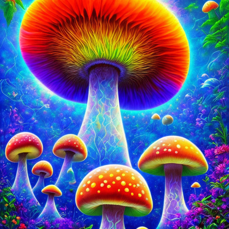 Colorful Psychedelic Mushroom Illustration with Central Oversized Fungi