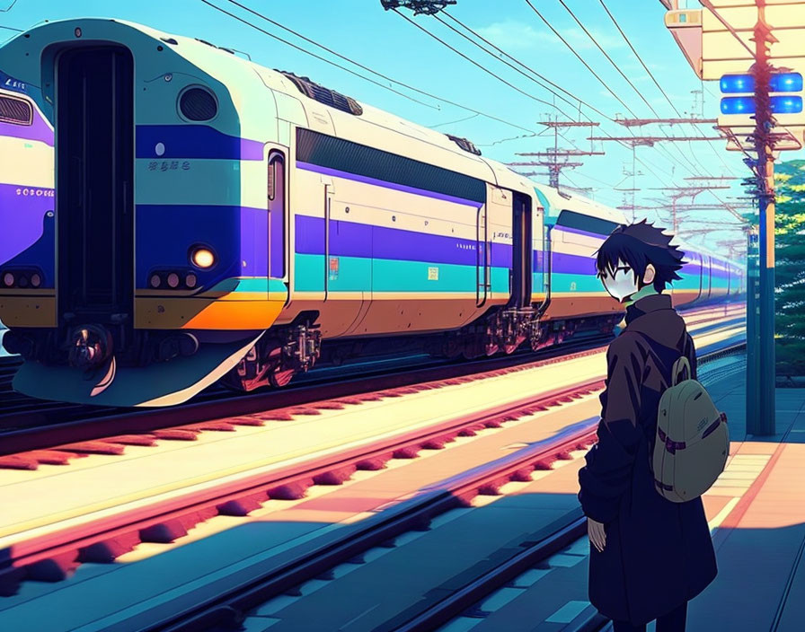 Dark-Haired Anime Character on Train Platform at Sunset