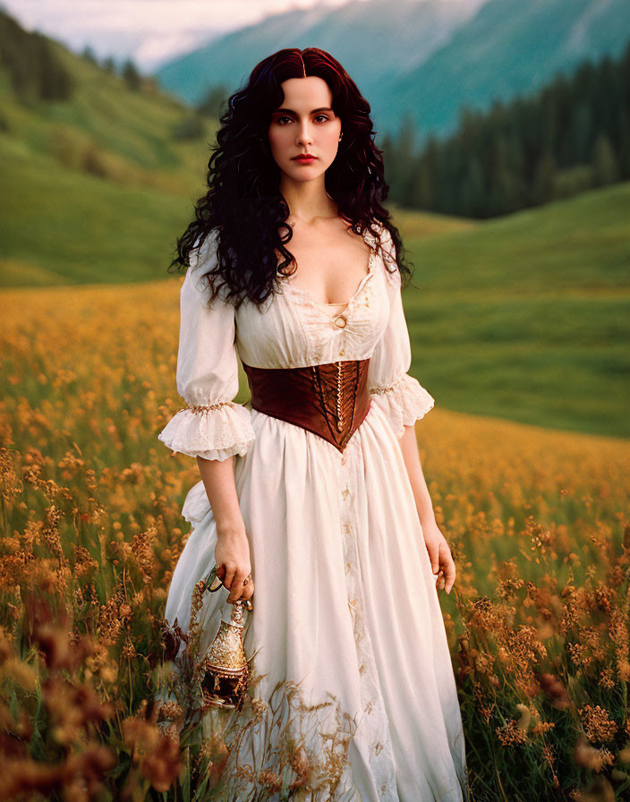 Historical woman in white dress with lantern in meadow scenery