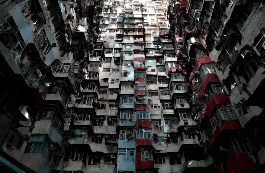 Tall grey and red residential buildings with multiple windows and air-conditioning units