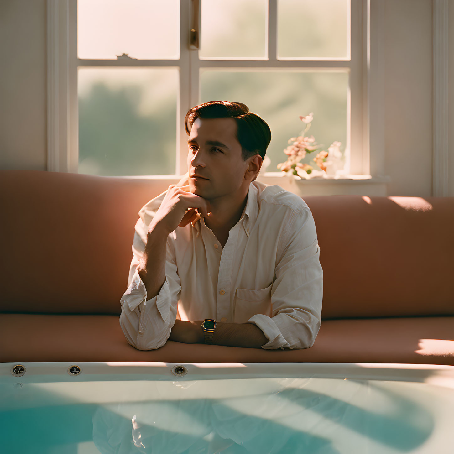 Contemplative person sitting by window with sunlight filtering through