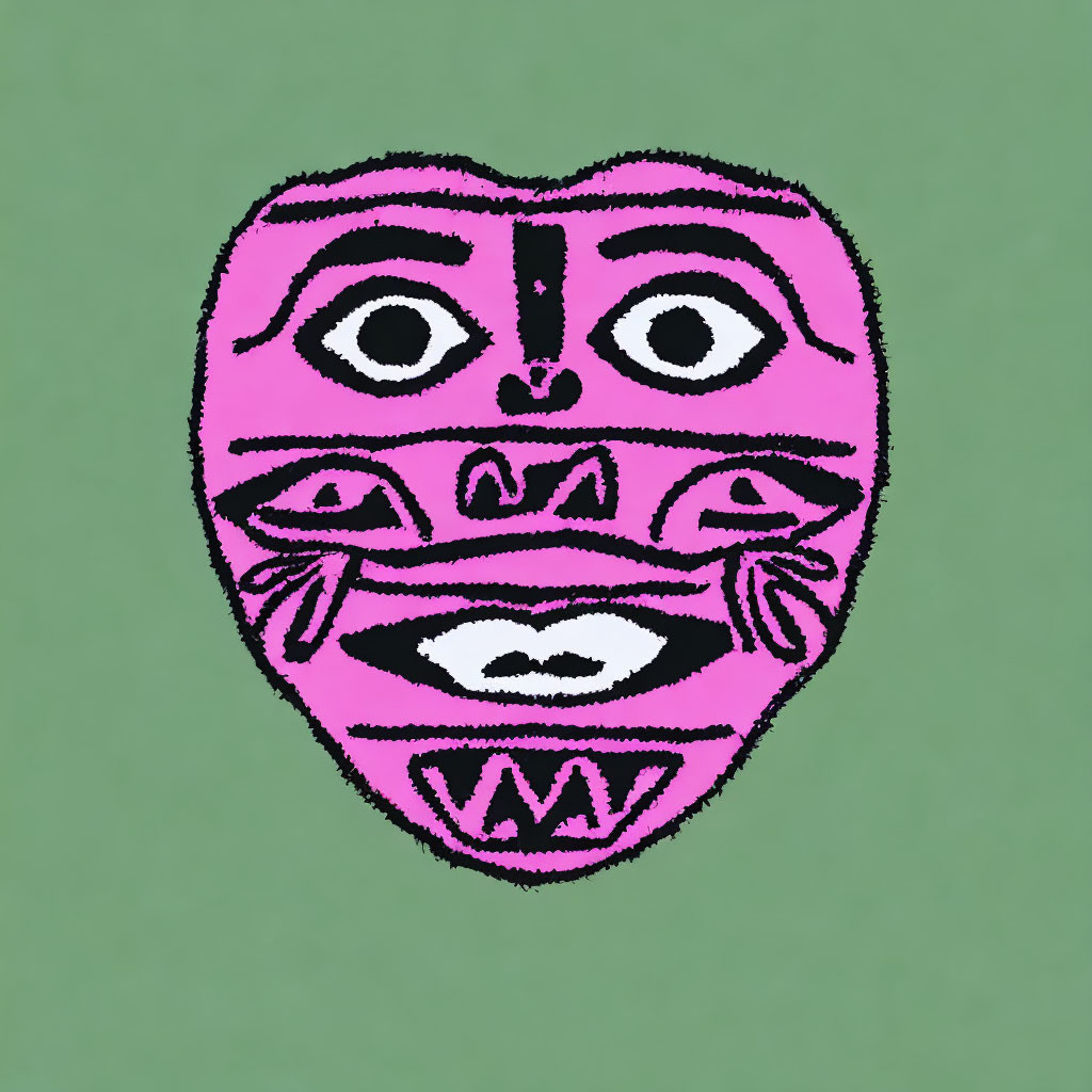 Symmetrical pink tribal mask on green background