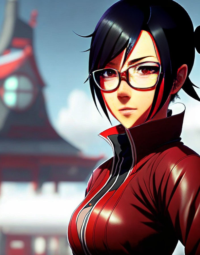 Stylized image of female character with black hair, glasses, red jacket, and blurred traditional building