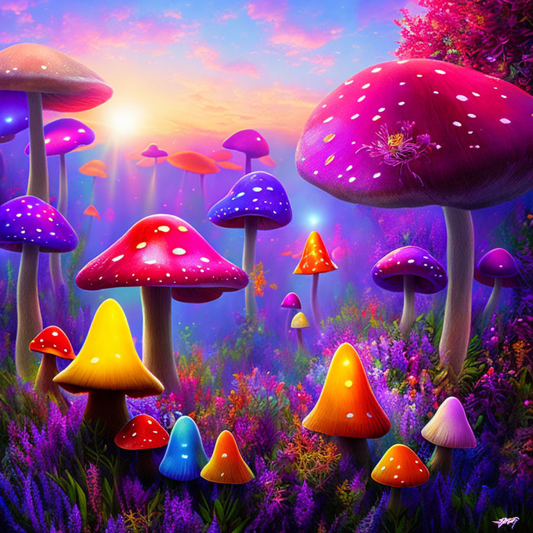 Colorful whimsical mushroom digital artwork with magical glow on sunset background