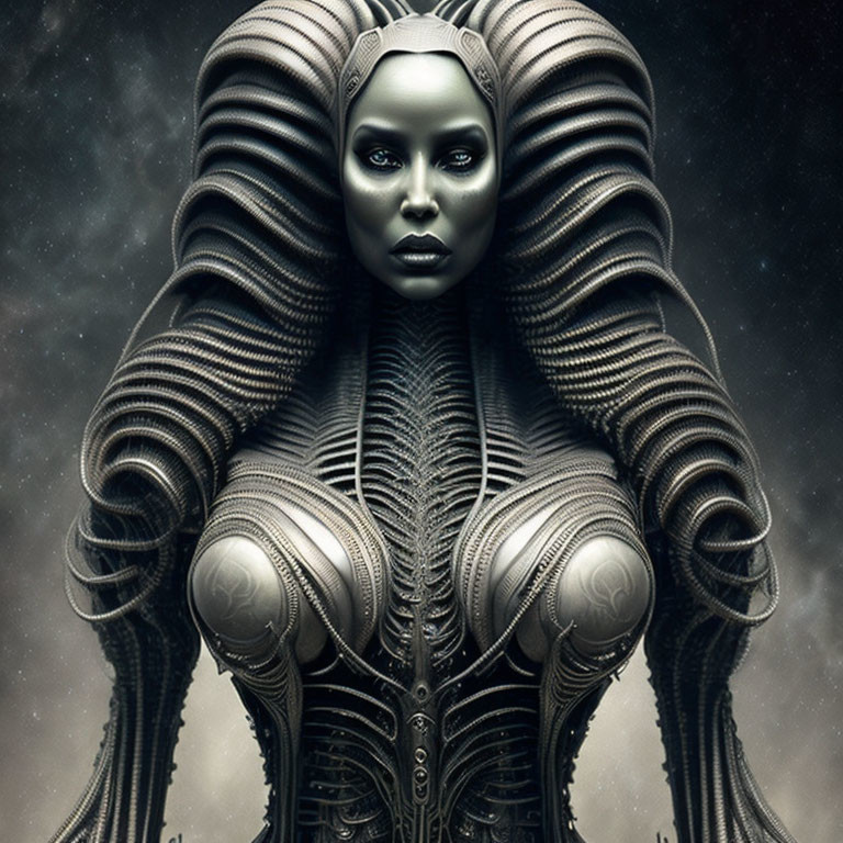 Detailed Futuristic Armor on Female Figure in Cosmic Setting