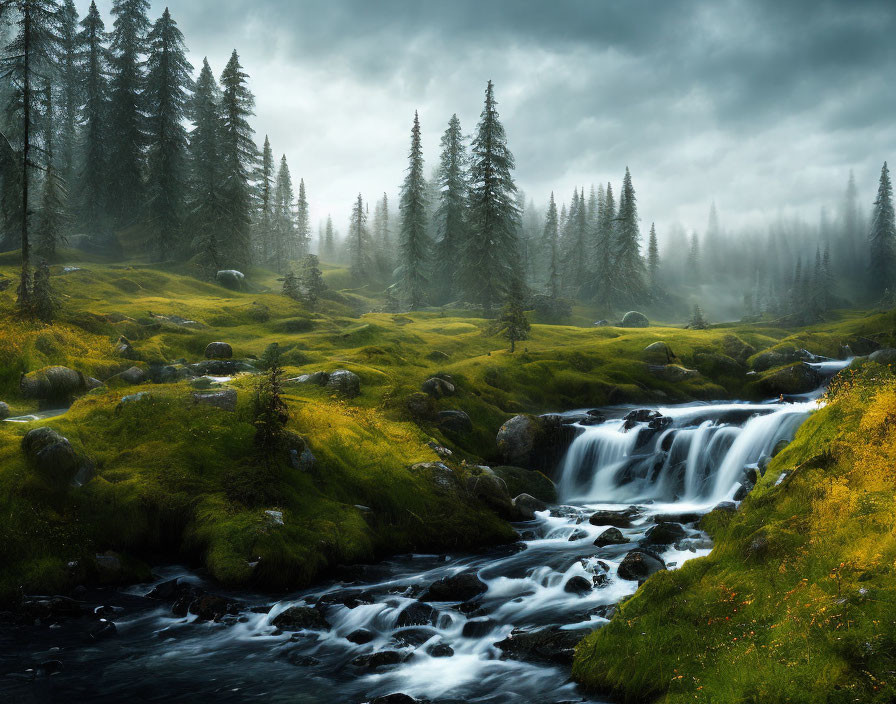 Tranquil forest scene with cascading waterfall and lush greenery