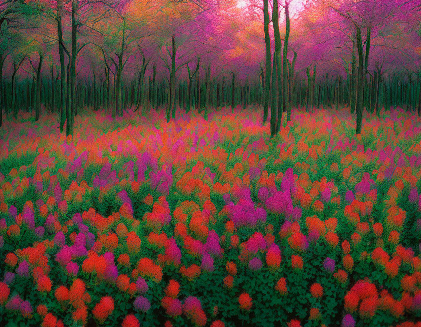 Colorful Forest Scene with Pink and Orange Flowers and Purple Leaves