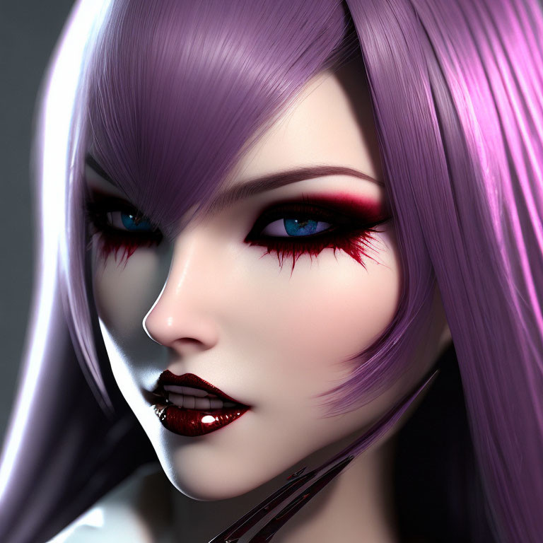 Digital Art: Woman with Purple Hair and Gothic Aesthetic