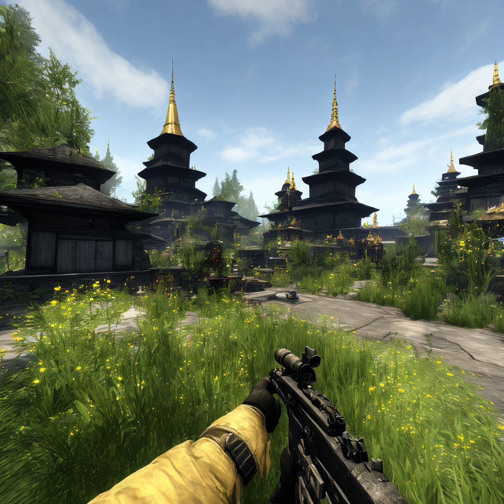 Hand holding rifle in serene virtual pagoda landscape