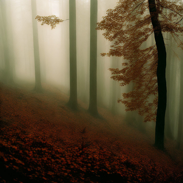 Autumn forest scene with fallen leaves and foggy trees.