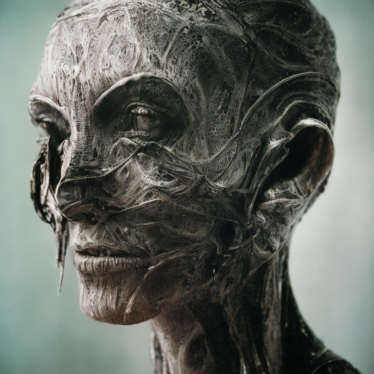 Detailed humanoid sculpture with vein-like patterns: textured and intricate.