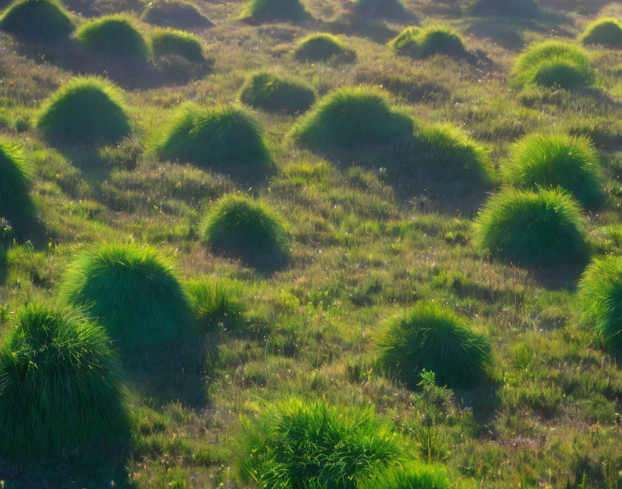 Lush Green Tussocks Under Sunlight Shadows